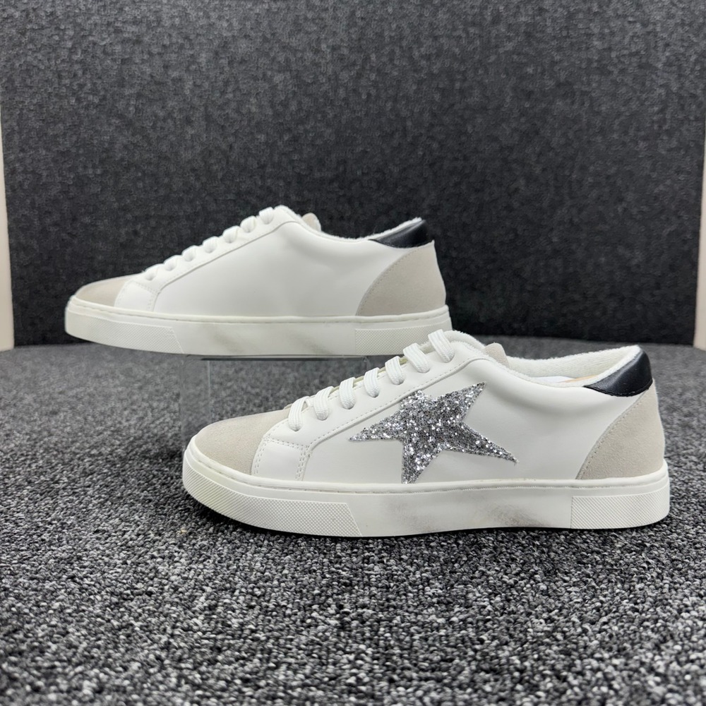 Steve Madden Rezume Star Glitter Sneakers Womens 7.5 White Silver chic retro